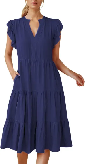 Photno Summer Dresses for Women 2025 Ruffle Sleeve V Neck Casual Midi Dress Fashion Flowy Tiered Boho Beach Vacation Sundress