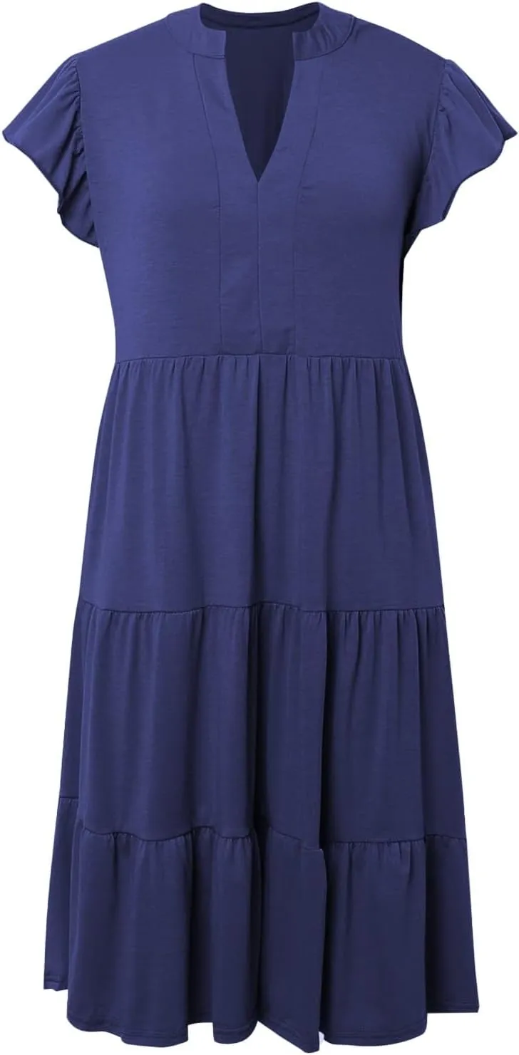 Photno Summer Dresses for Women 2025 Ruffle Sleeve V Neck Casual Midi Dress Fashion Flowy Tiered Boho Beach Vacation Sundress