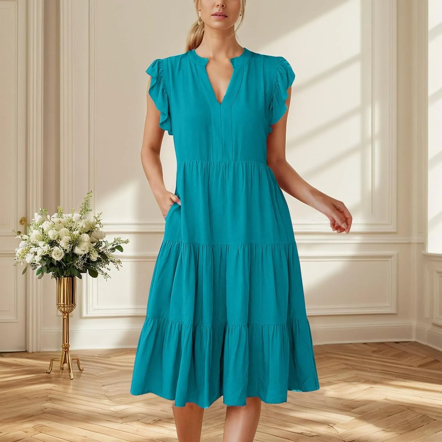 Photno Summer Dresses for Women 2025 Ruffle Sleeve V Neck Casual Midi Dress Fashion Flowy Tiered Boho Beach Vacation Sundress