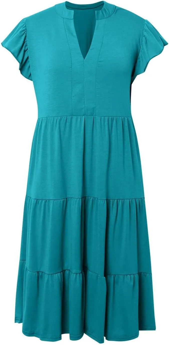 Photno Summer Dresses for Women 2025 Ruffle Sleeve V Neck Casual Midi Dress Fashion Flowy Tiered Boho Beach Vacation Sundress