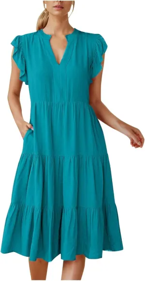 Photno Summer Dresses for Women 2025 Ruffle Sleeve V Neck Casual Midi Dress Fashion Flowy Tiered Boho Beach Vacation Sundress