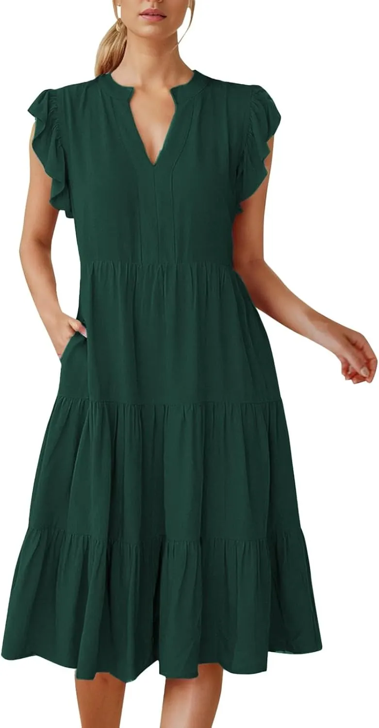 Photno Summer Dresses for Women 2025 Ruffle Sleeve V Neck Casual Midi Dress Fashion Flowy Tiered Boho Beach Vacation Sundress