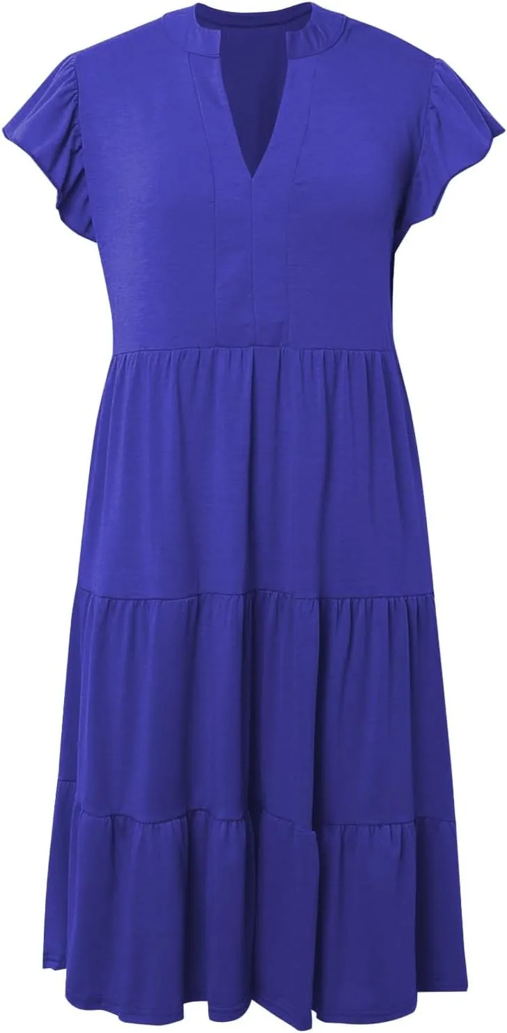 Photno Summer Dresses for Women 2025 Ruffle Sleeve V Neck Casual Midi Dress Fashion Flowy Tiered Boho Beach Vacation Sundress