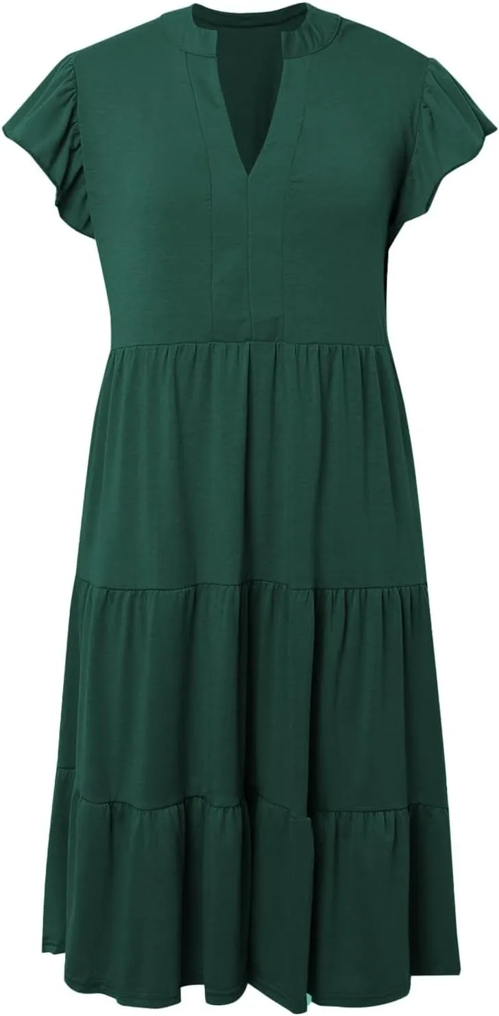 Photno Summer Dresses for Women 2025 Ruffle Sleeve V Neck Casual Midi Dress Fashion Flowy Tiered Boho Beach Vacation Sundress
