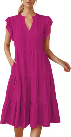 Photno Summer Dresses for Women 2025 Ruffle Sleeve V Neck Casual Midi Dress Fashion Flowy Tiered Boho Beach Vacation Sundress