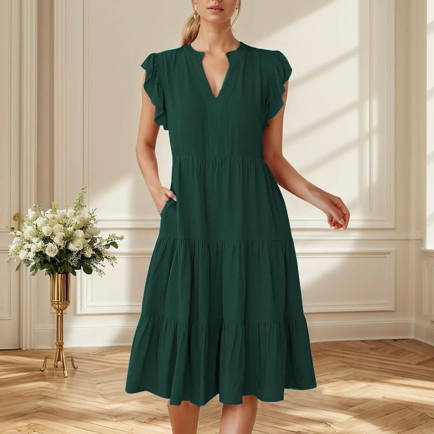 Photno Summer Dresses for Women 2025 Ruffle Sleeve V Neck Casual Midi Dress Fashion Flowy Tiered Boho Beach Vacation Sundress