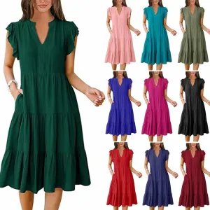 Photno Summer Dresses for Women 2025 Ruffle Sleeve V Neck Casual Midi Dress Fashion Flowy Tiered Boho Beach Vacation Sundress
