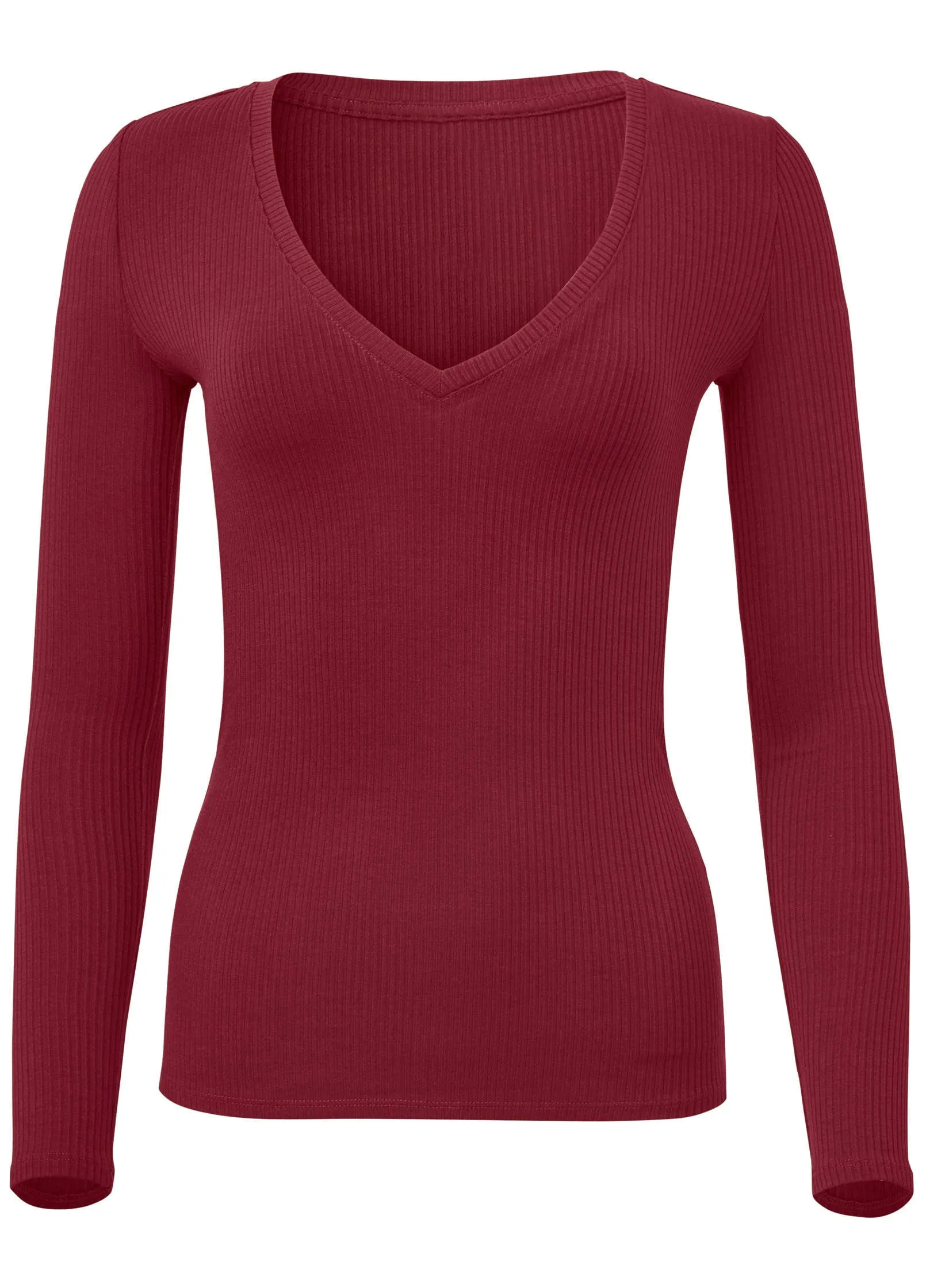 Ribbed Long Sleeve V-Neck - Wine
