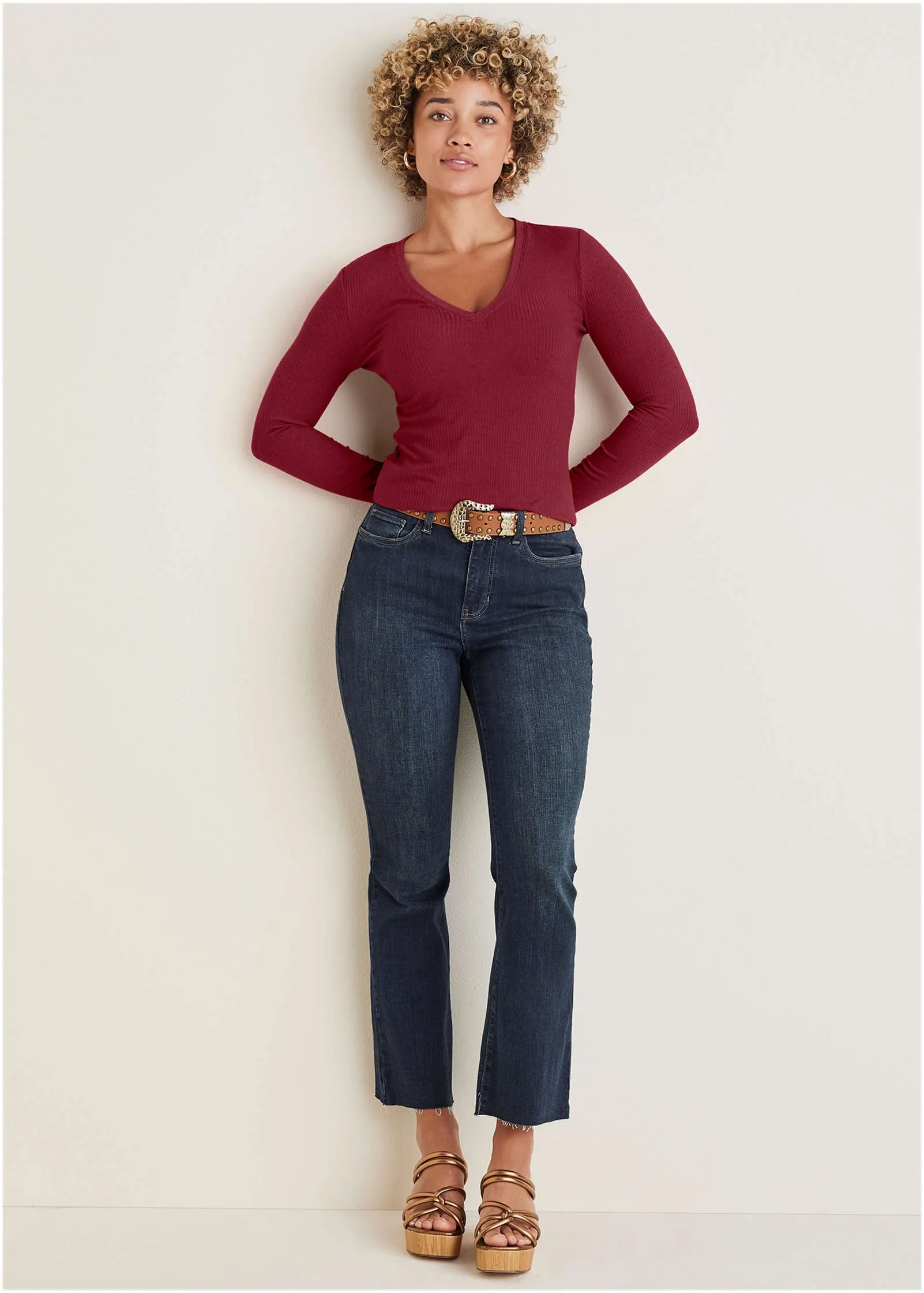 Ribbed Long Sleeve V-Neck - Wine