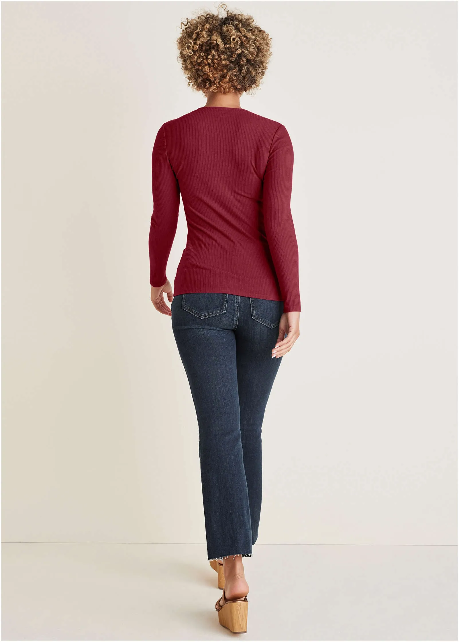 Ribbed Long Sleeve V-Neck - Wine