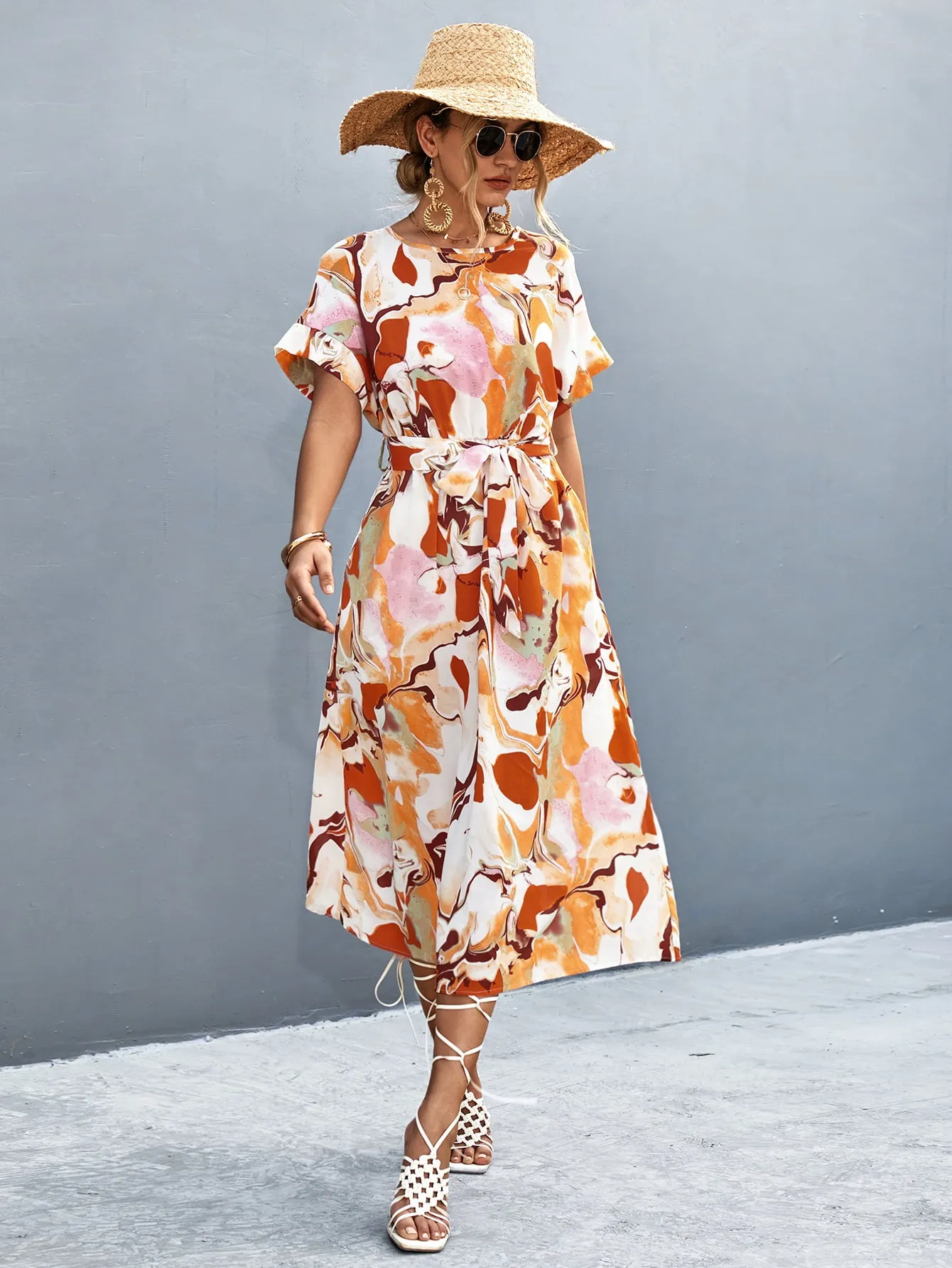 Round Neck Short Sleeve Tie Waist Midi Dress