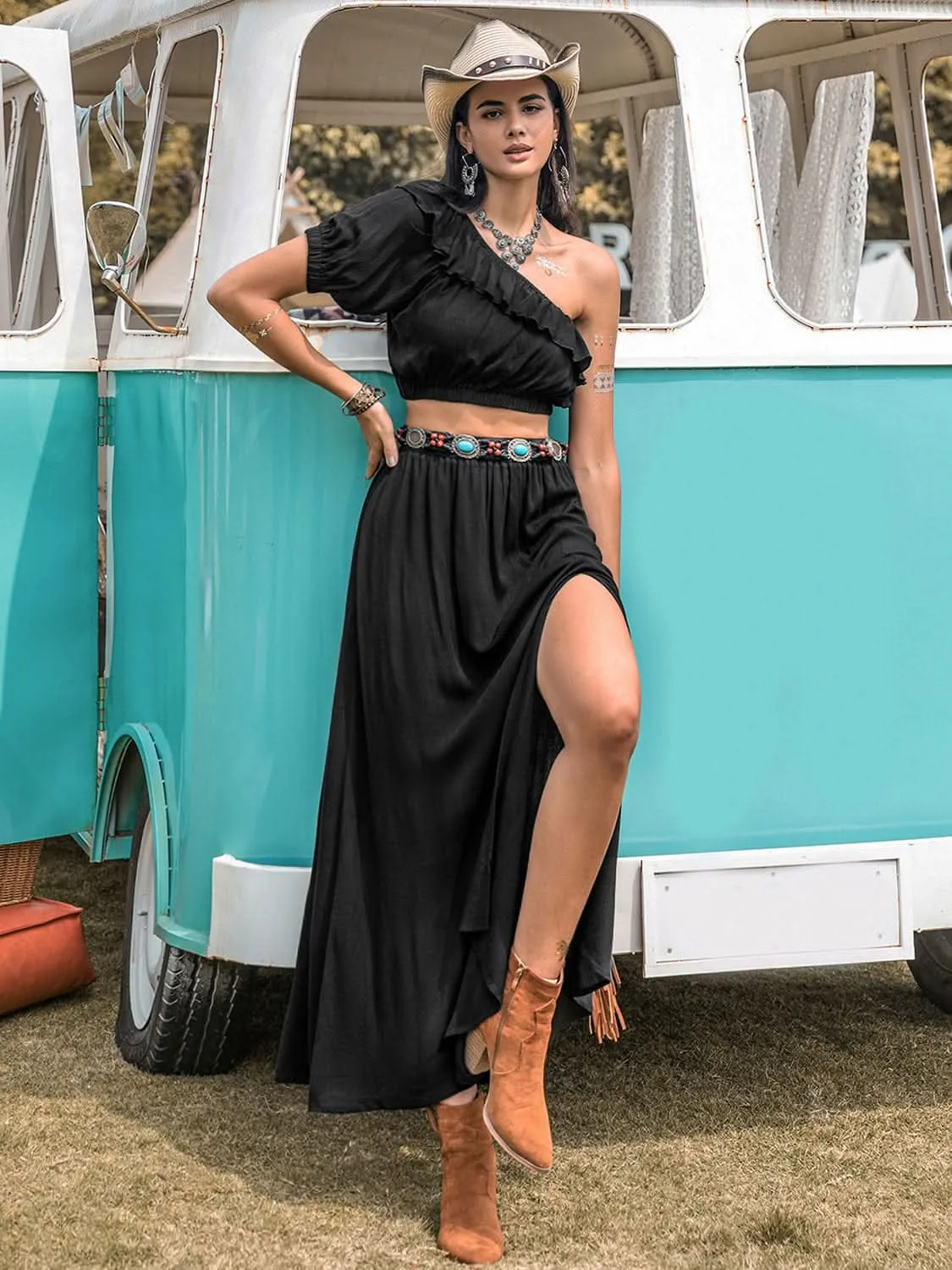 Ruffled Single Shoulder Top and Slit Skirt Set - By Lustmia
