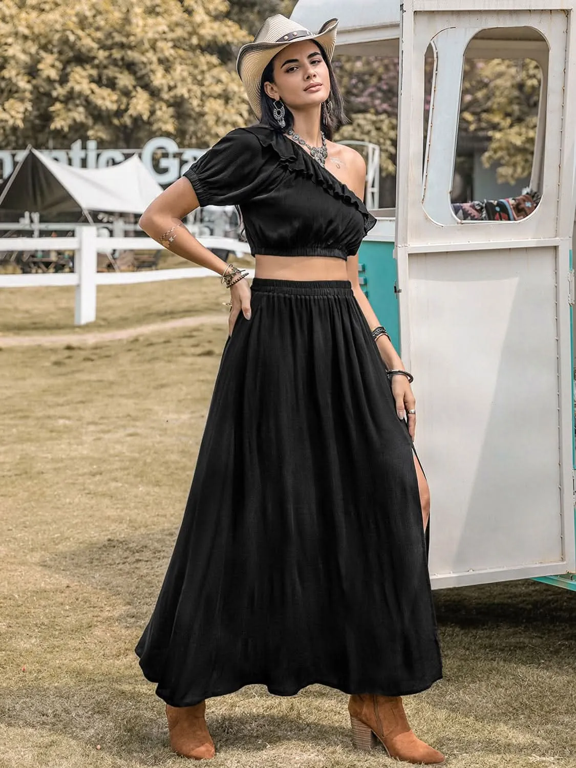 Ruffled Single Shoulder Top and Slit Skirt Set - By Lustmia