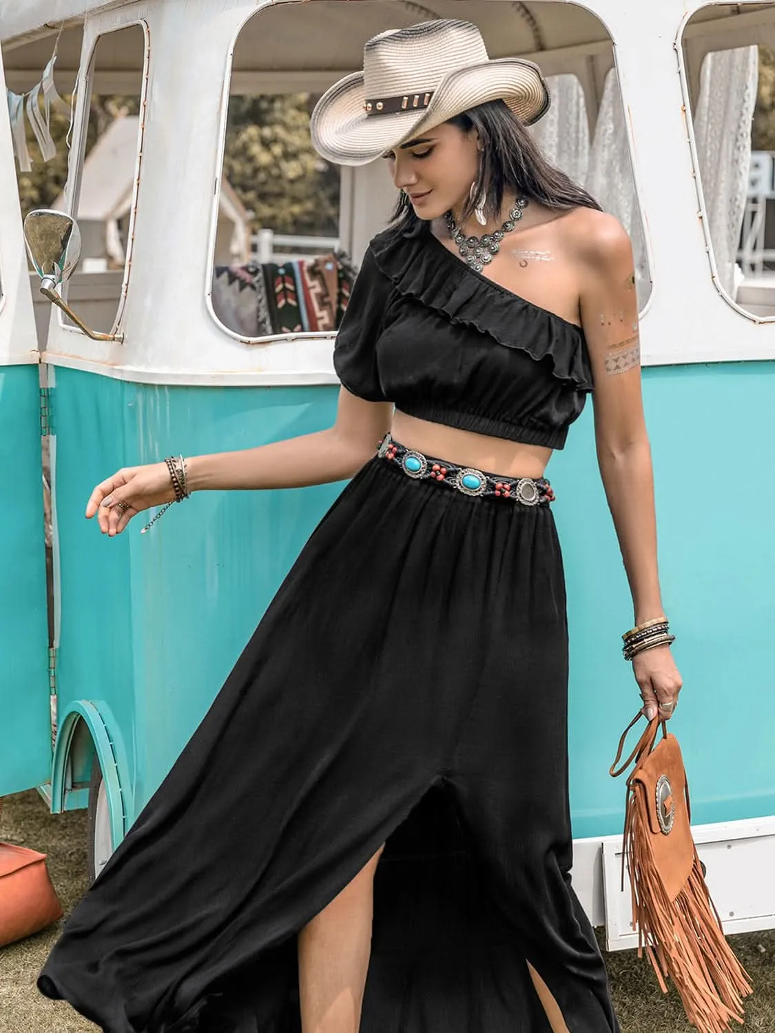 Ruffled Single Shoulder Top and Slit Skirt Set - By Lustmia