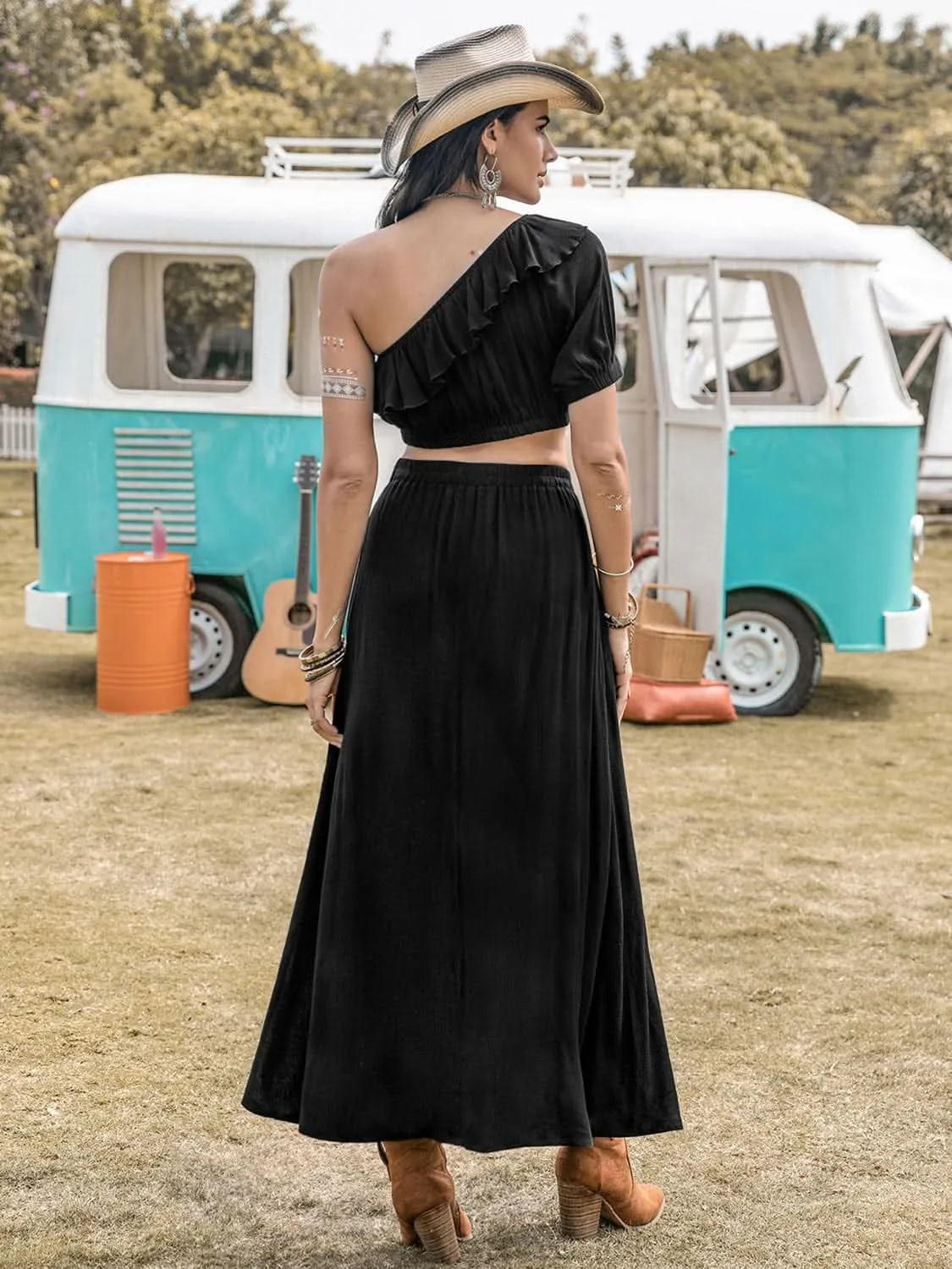 Ruffled Single Shoulder Top and Slit Skirt Set - By Lustmia
