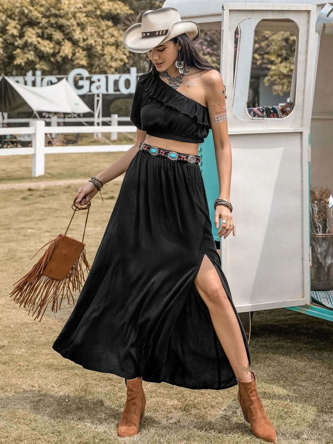 Ruffled Single Shoulder Top and Slit Skirt Set - By Lustmia