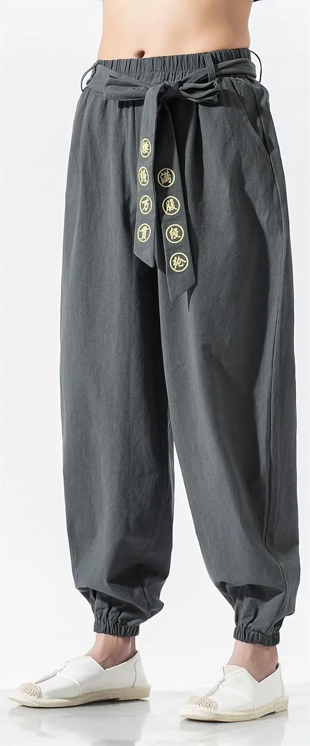 Seidarise Men's Linen Cargo Jogger Pant Japanese Hip Hop Sweatpants Harem Pants Sports