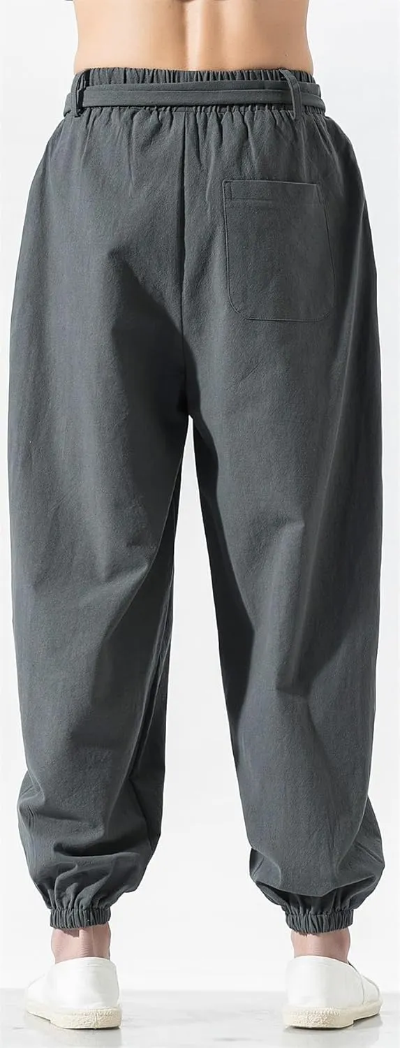 Seidarise Men's Linen Cargo Jogger Pant Japanese Hip Hop Sweatpants Harem Pants Sports
