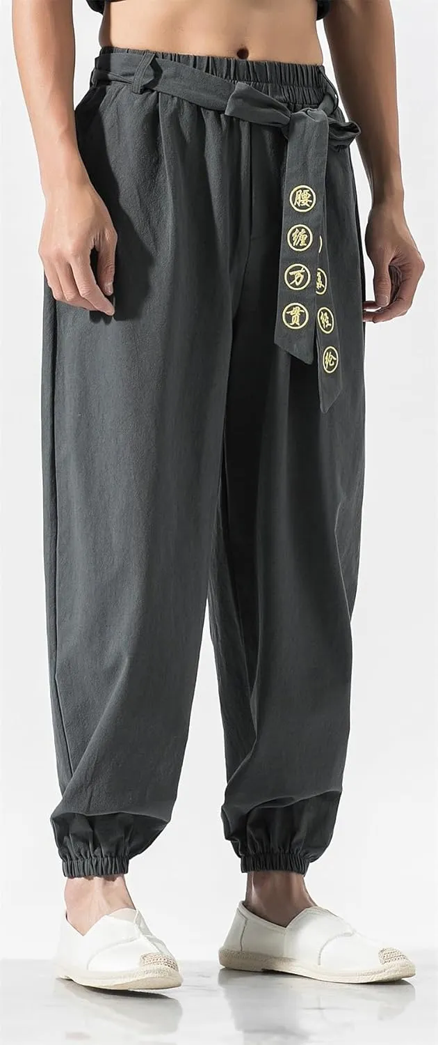 Seidarise Men's Linen Cargo Jogger Pant Japanese Hip Hop Sweatpants Harem Pants Sports