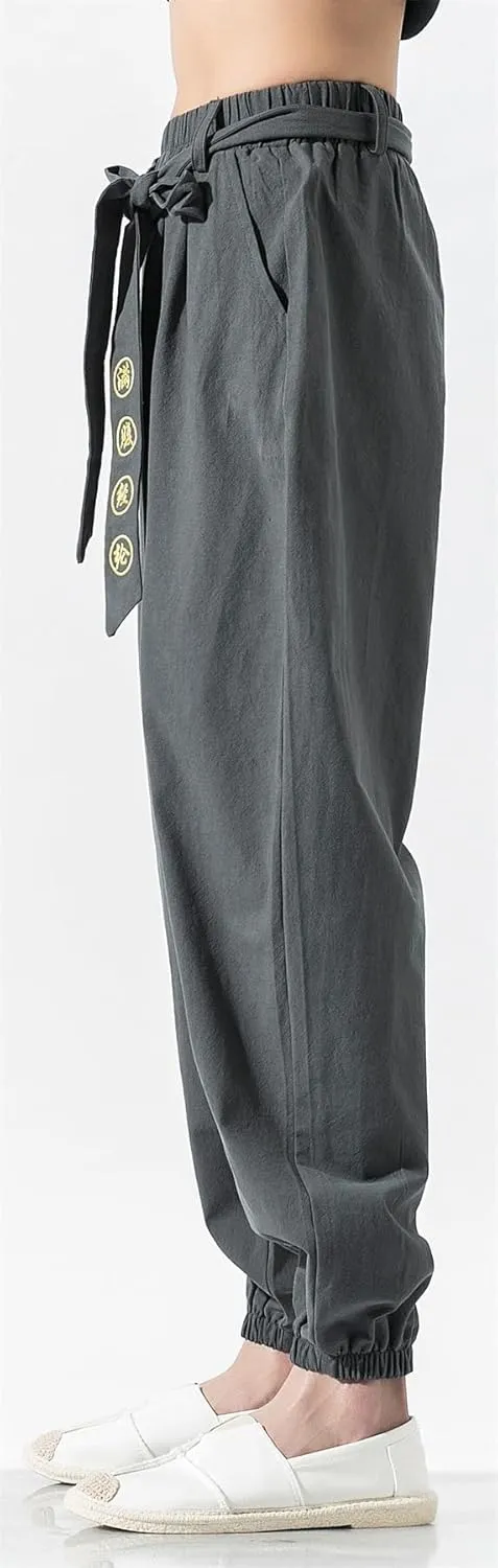 Seidarise Men's Linen Cargo Jogger Pant Japanese Hip Hop Sweatpants Harem Pants Sports