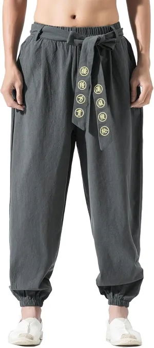 Seidarise Men's Linen Cargo Jogger Pant Japanese Hip Hop Sweatpants Harem Pants Sports