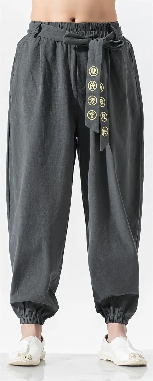 Seidarise Men's Linen Cargo Jogger Pant Japanese Hip Hop Sweatpants Harem Pants Sports