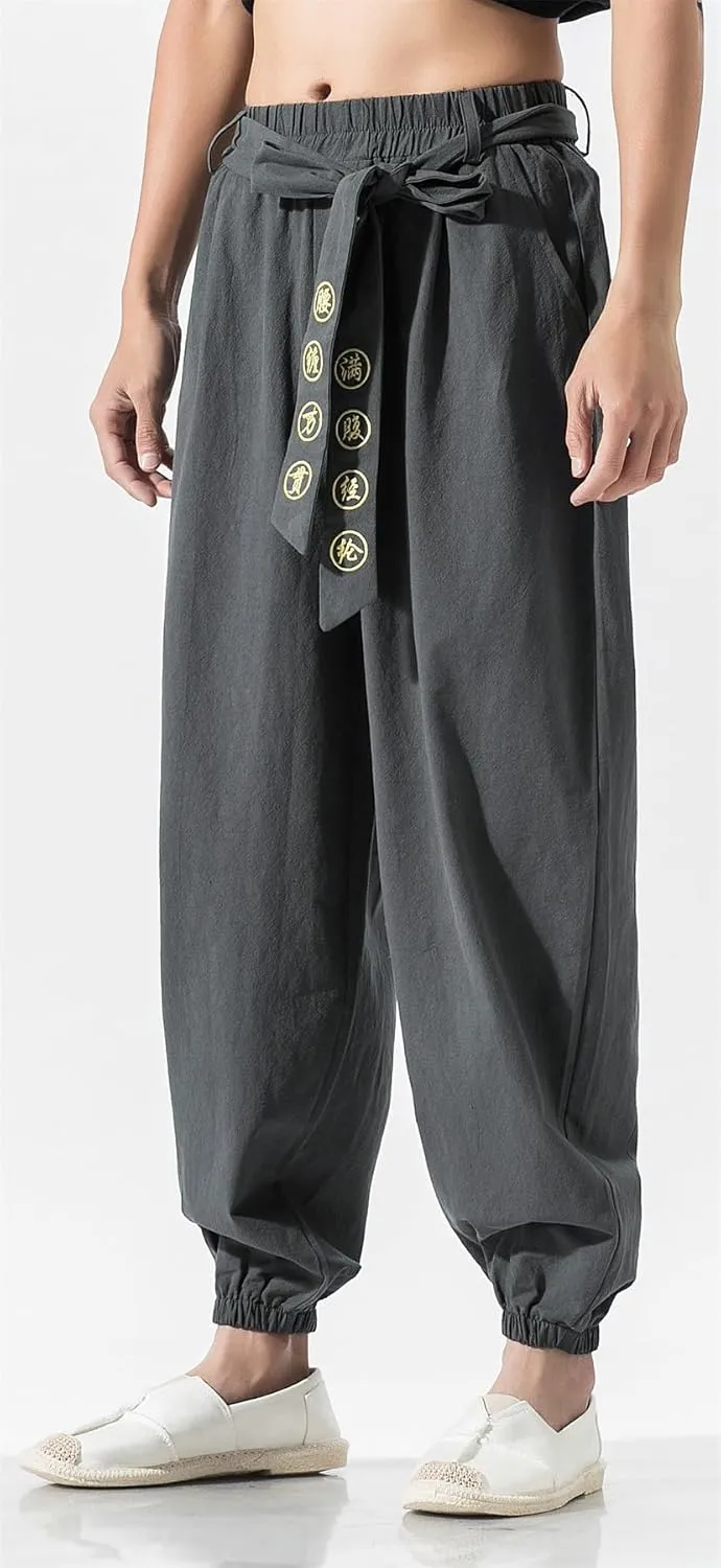 Seidarise Men's Linen Cargo Jogger Pant Japanese Hip Hop Sweatpants Harem Pants Sports