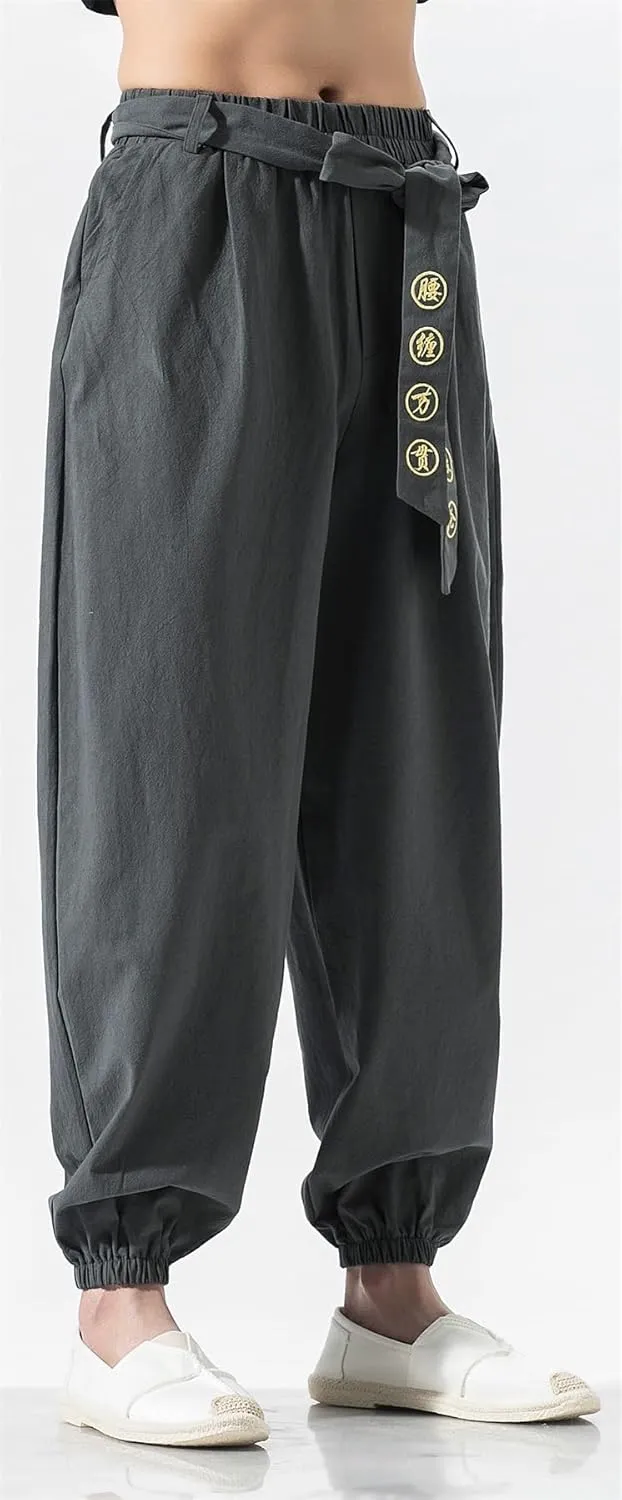 Seidarise Men's Linen Cargo Jogger Pant Japanese Hip Hop Sweatpants Harem Pants Sports