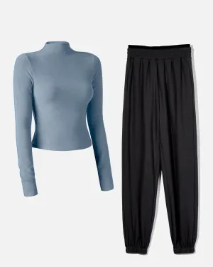 Set Of Two Cozy Loungewear Set In Dusty Blue And Black
