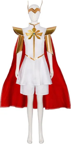 She Ra Costume Women Girls She Ra Cosplay Shirt Pants with Red Cloak Headwear Full Set for Halloween