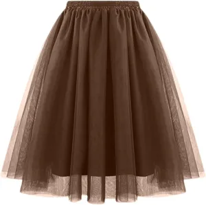 Solid Color Skirt for Women Midi Skirt Mesh Multilayer Skirt Elastic High Waist Flare A-Line Fairy Skirts