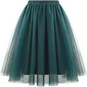 Solid Color Skirt for Women Midi Skirt Mesh Multilayer Skirt Elastic High Waist Flare A-Line Fairy Skirts