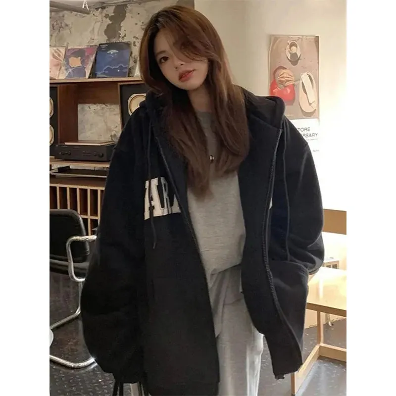 Streetwear Zip Up Hoodies Women Oversized Letter Print Sweatshirt Harajuku Korean Plus Fleece Thick Casual All Match Tops