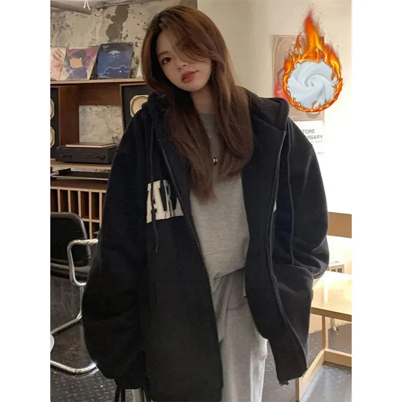 Streetwear Zip Up Hoodies Women Oversized Letter Print Sweatshirt Harajuku Korean Plus Fleece Thick Casual All Match Tops