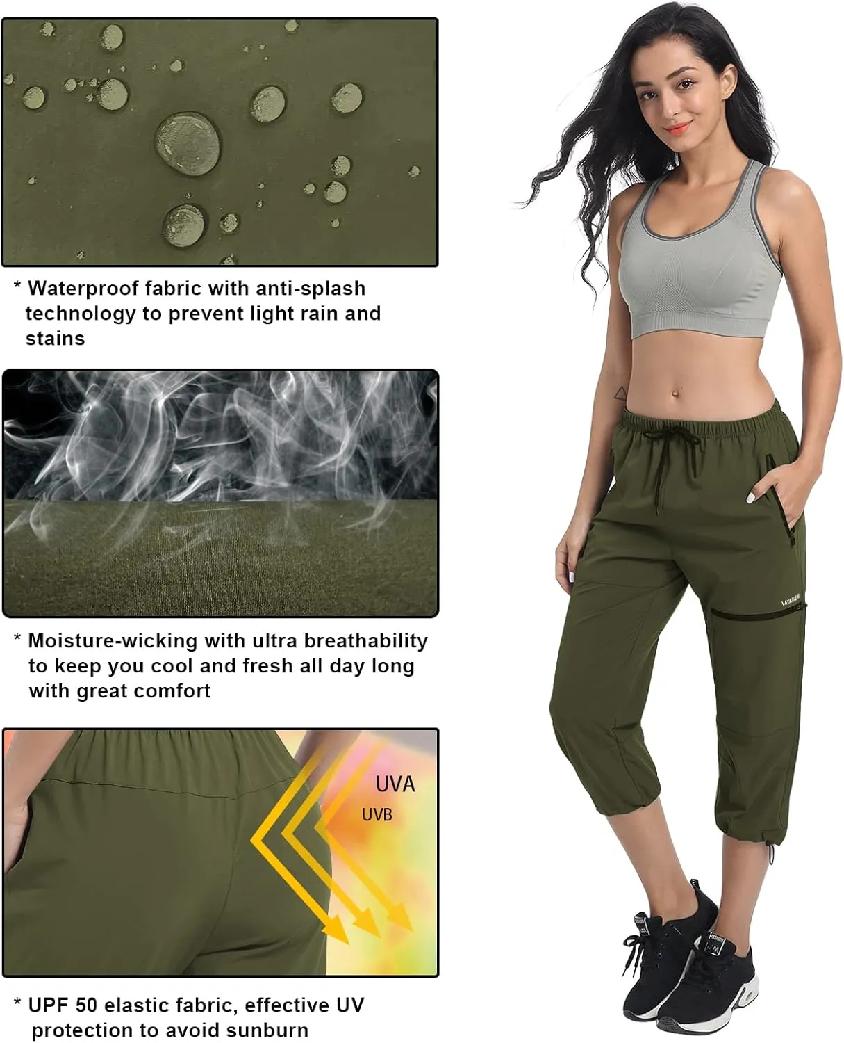 VAYAGER Sports Women's Outdoor Hiking Capri Pants Loose-Fit Lightweight with Zipper Pockets