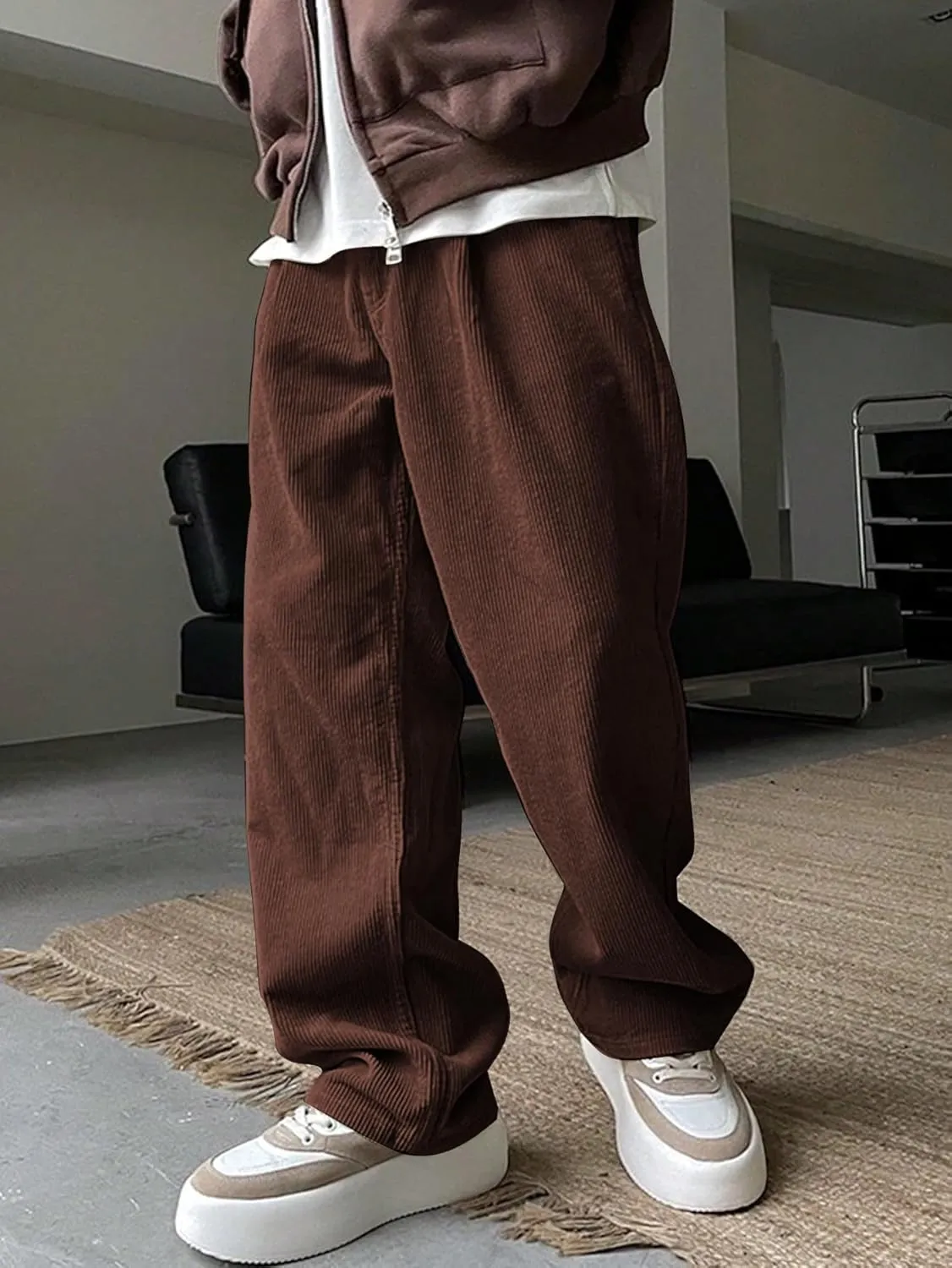 Verdusa Men's Casual Drawstring Elastic Waist Wide Leg Pants Long Trousers with Pockets