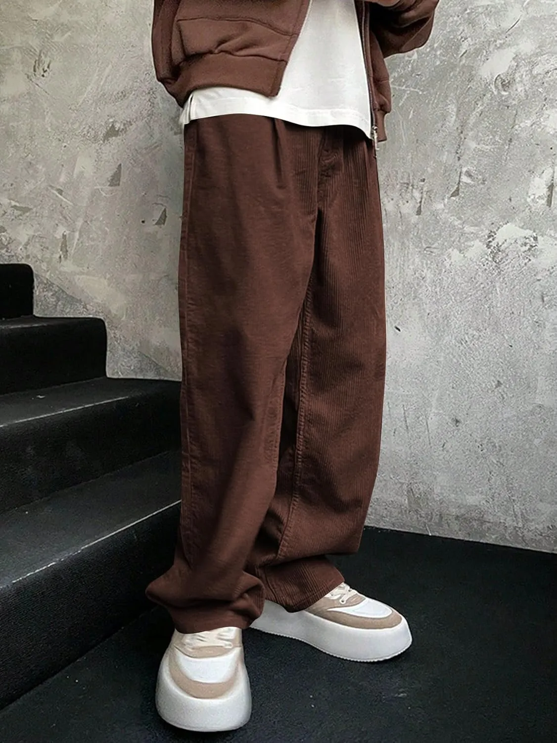 Verdusa Men's Casual Drawstring Elastic Waist Wide Leg Pants Long Trousers with Pockets