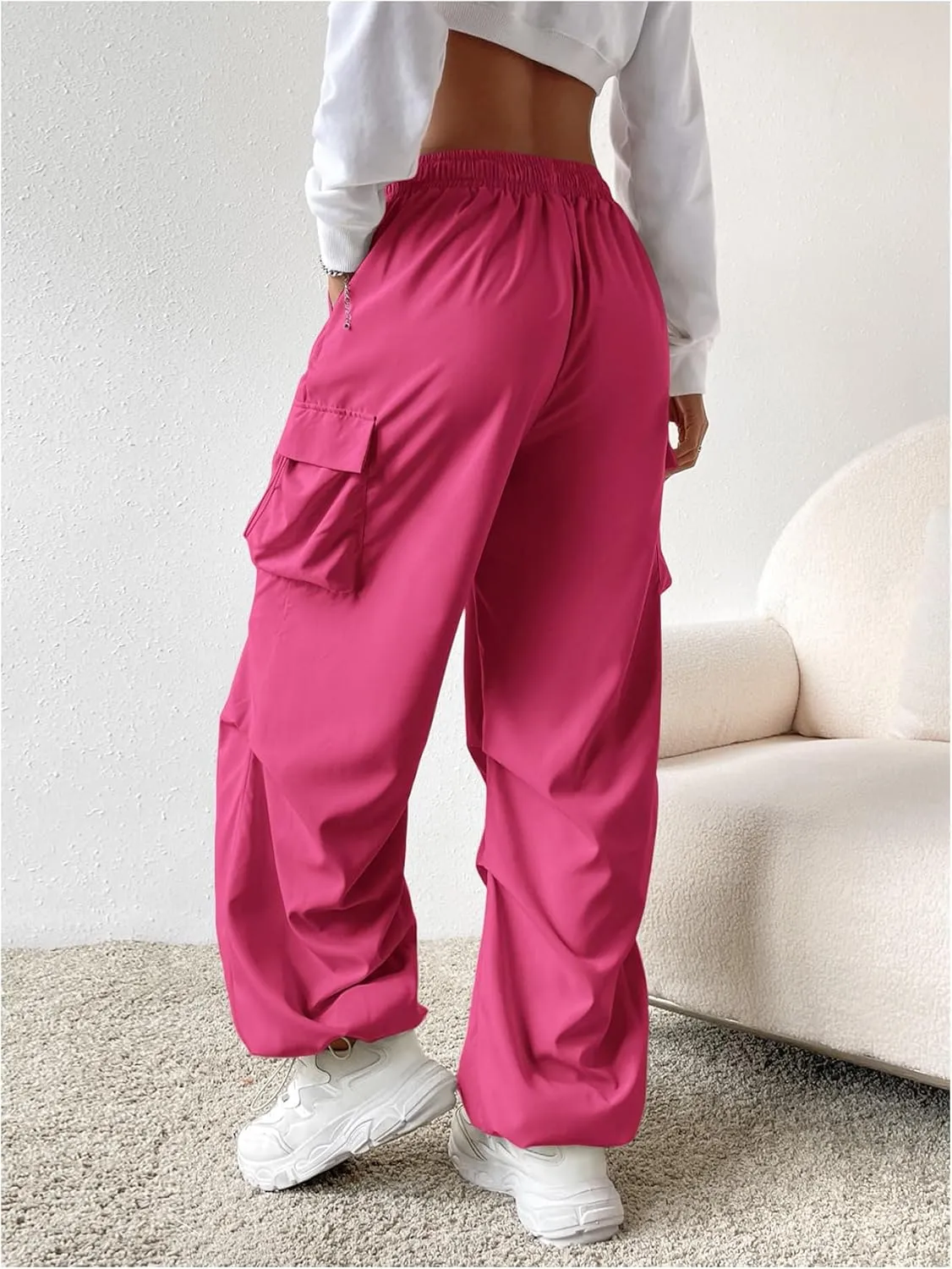 Verdusa Women's Drawstring Waist Cargo Pants Straight Leg Loose Parachute Trousers with Pockets