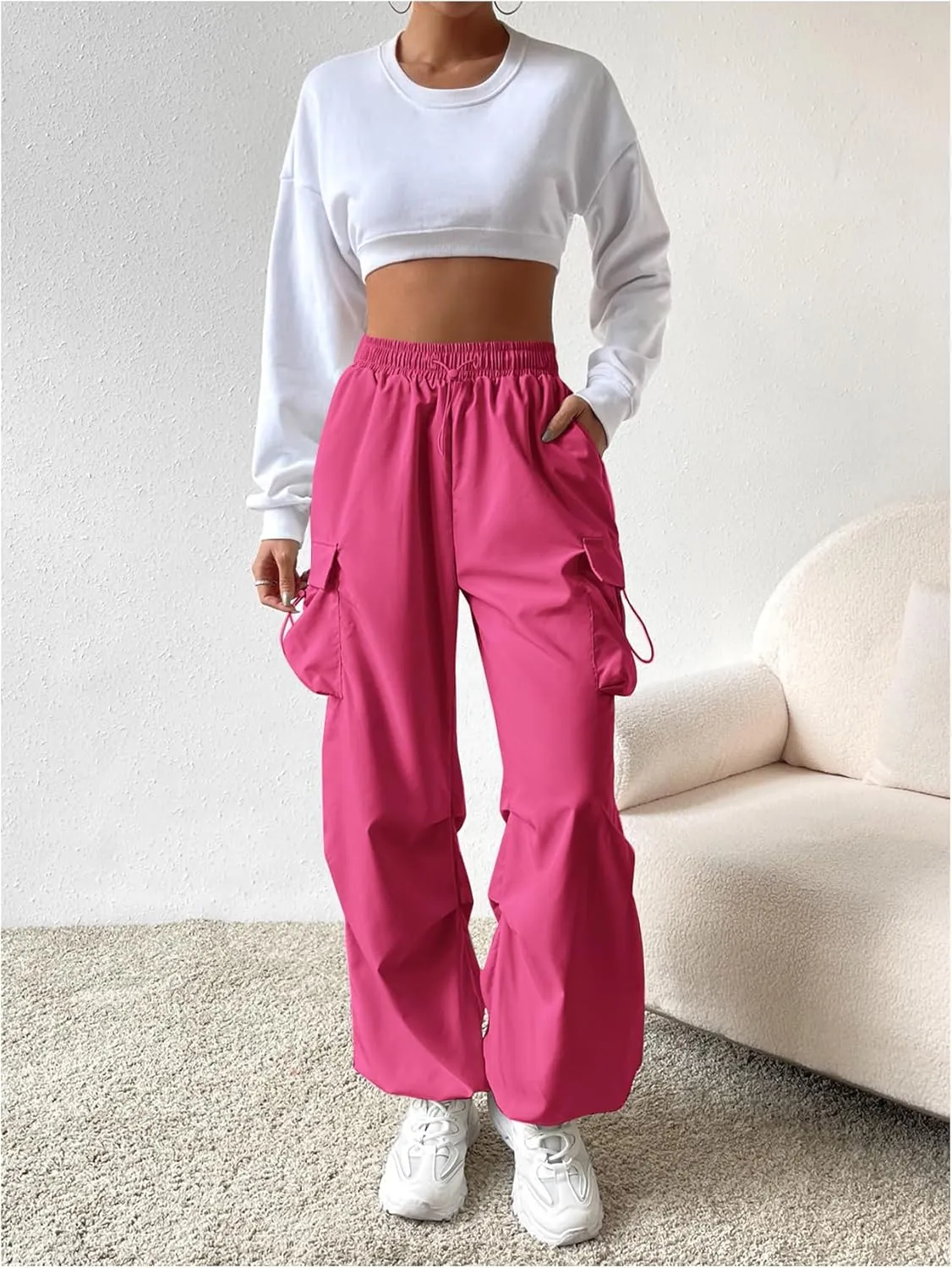 Verdusa Women's Drawstring Waist Cargo Pants Straight Leg Loose Parachute Trousers with Pockets