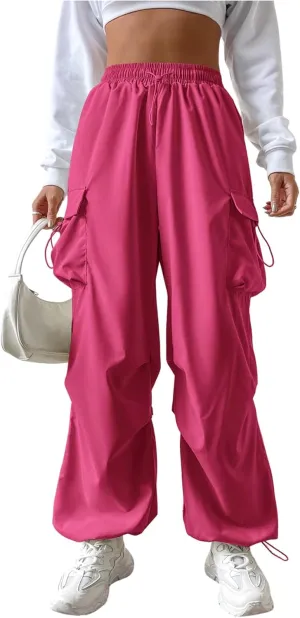 Verdusa Women's Drawstring Waist Cargo Pants Straight Leg Loose Parachute Trousers with Pockets