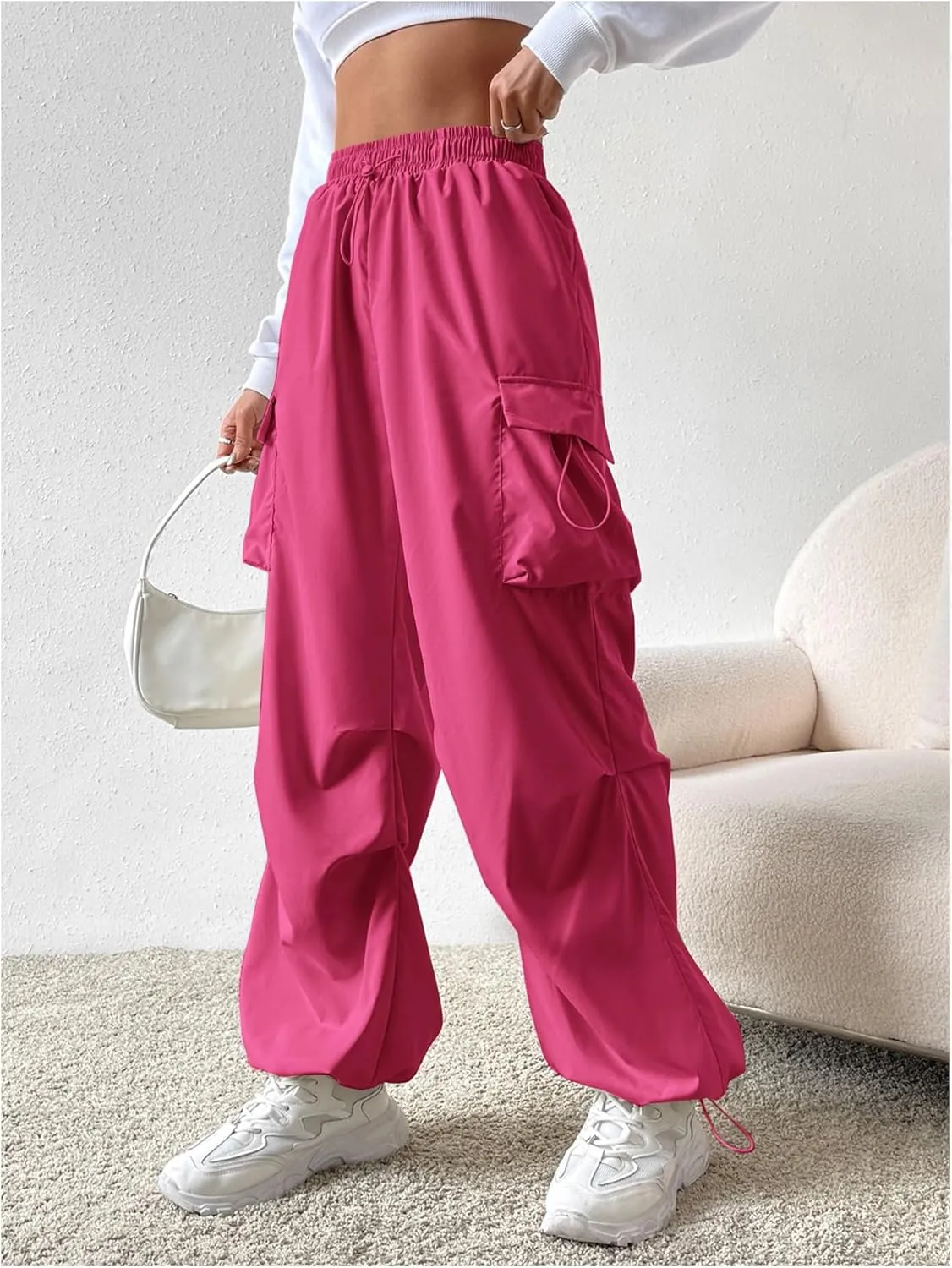 Verdusa Women's Drawstring Waist Cargo Pants Straight Leg Loose Parachute Trousers with Pockets