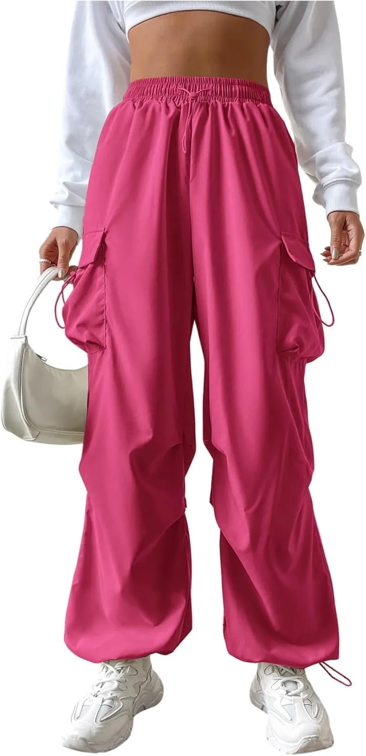 Verdusa Women's Drawstring Waist Cargo Pants Straight Leg Loose Parachute Trousers with Pockets