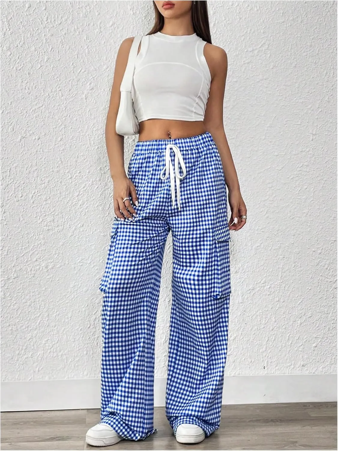 Verdusa Women's Elastic Waist Plaid Print Cargo Pants Loose Long Trousers with Pockets