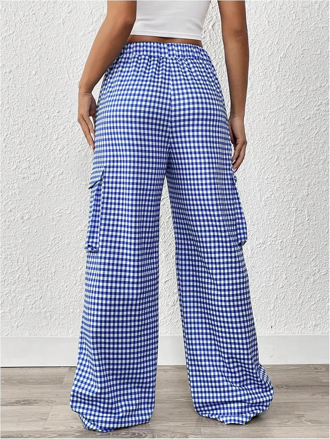 Verdusa Women's Elastic Waist Plaid Print Cargo Pants Loose Long Trousers with Pockets