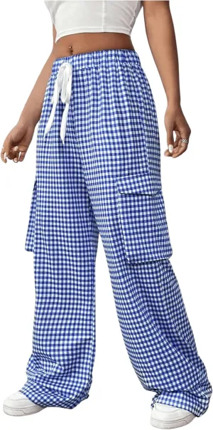 Verdusa Women's Elastic Waist Plaid Print Cargo Pants Loose Long Trousers with Pockets