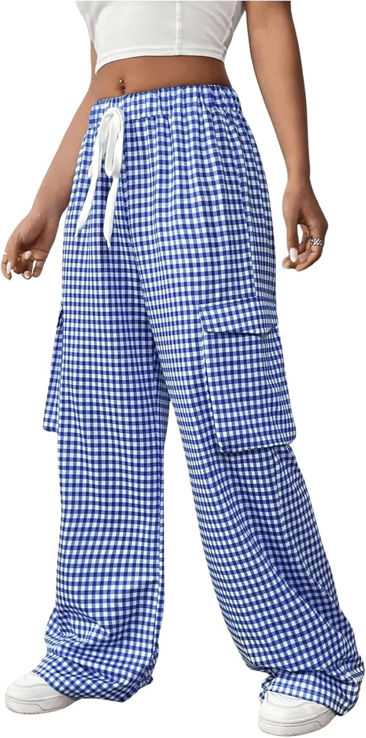 Verdusa Women's Elastic Waist Plaid Print Cargo Pants Loose Long Trousers with Pockets
