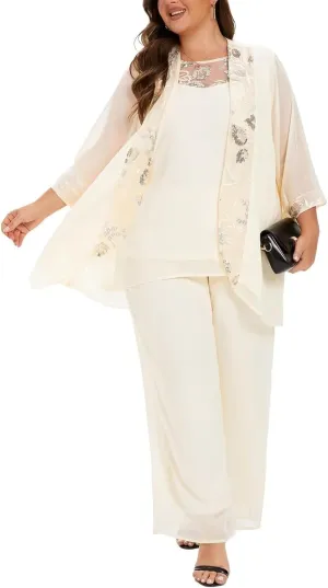 VK Selec Plus Size Pant Suits 3 Piece Chiffon Outfit Dressy Mother of The Groom Bride Evening Wedding Gowns