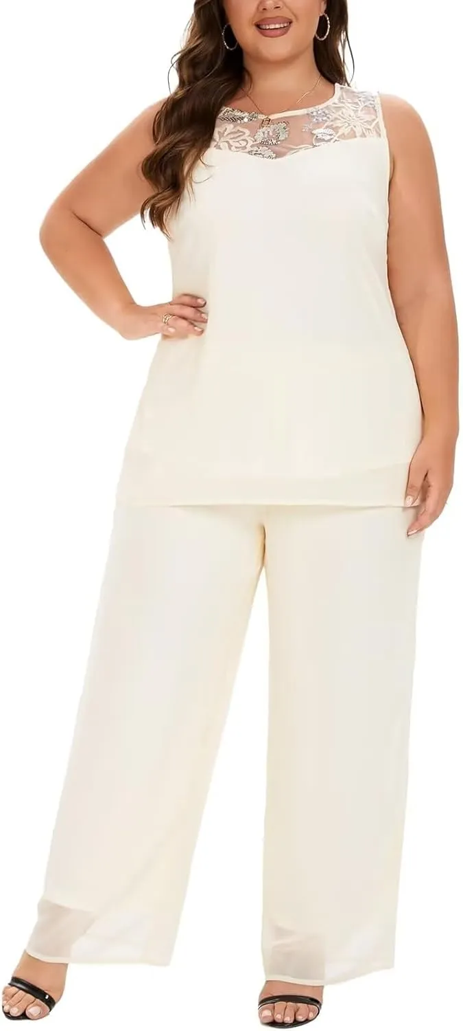 VK Selec Plus Size Pant Suits 3 Piece Chiffon Outfit Dressy Mother of The Groom Bride Evening Wedding Gowns