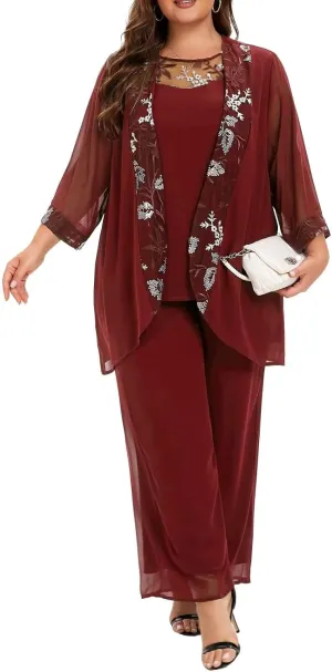 VK Selec Plus Size Pant Suits 3 Piece Chiffon Outfit Dressy Mother of The Groom Bride Evening Wedding Gowns