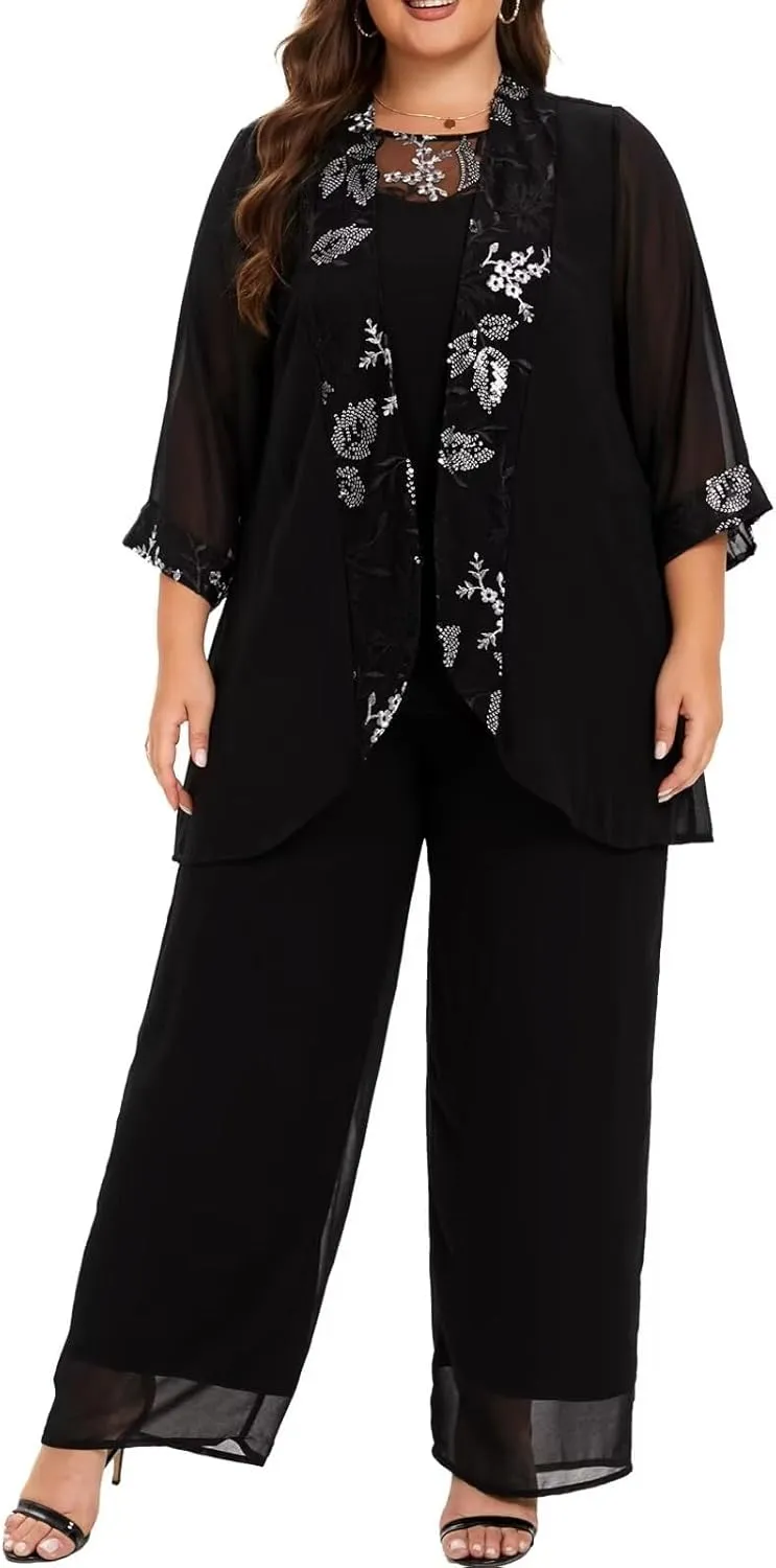 VK Selec Plus Size Pant Suits 3 Piece Chiffon Outfit Dressy Mother of The Groom Bride Evening Wedding Gowns